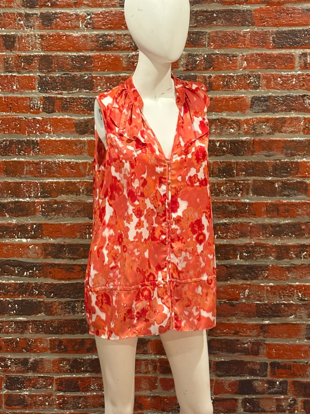 LOFT Red and Orange Floral V-Neck Sleeveless Blouse
